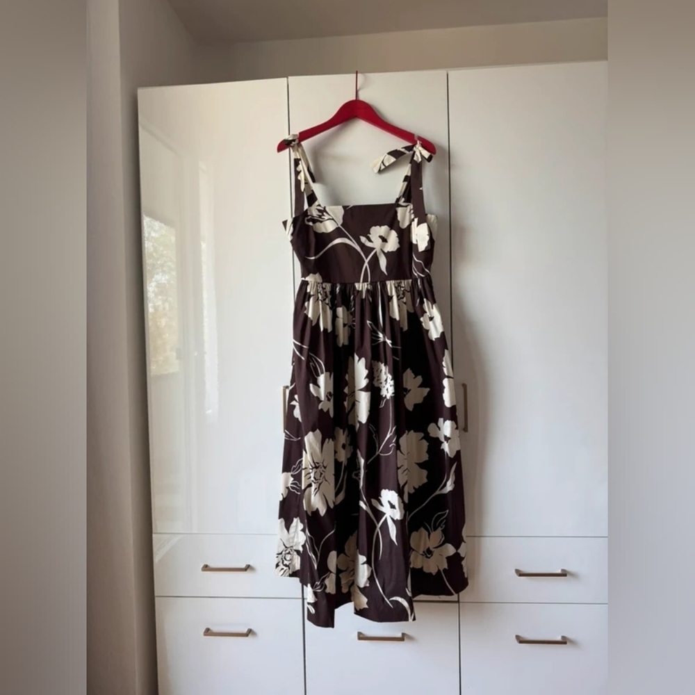 Women's Brown Floral Midi Dress with Cream Print